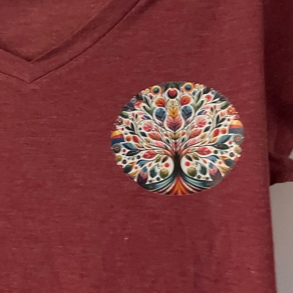 NEW-Maroon V-Neck Tee with Colorful 
“Tree of Life Design “ - Picture 4 of 10
